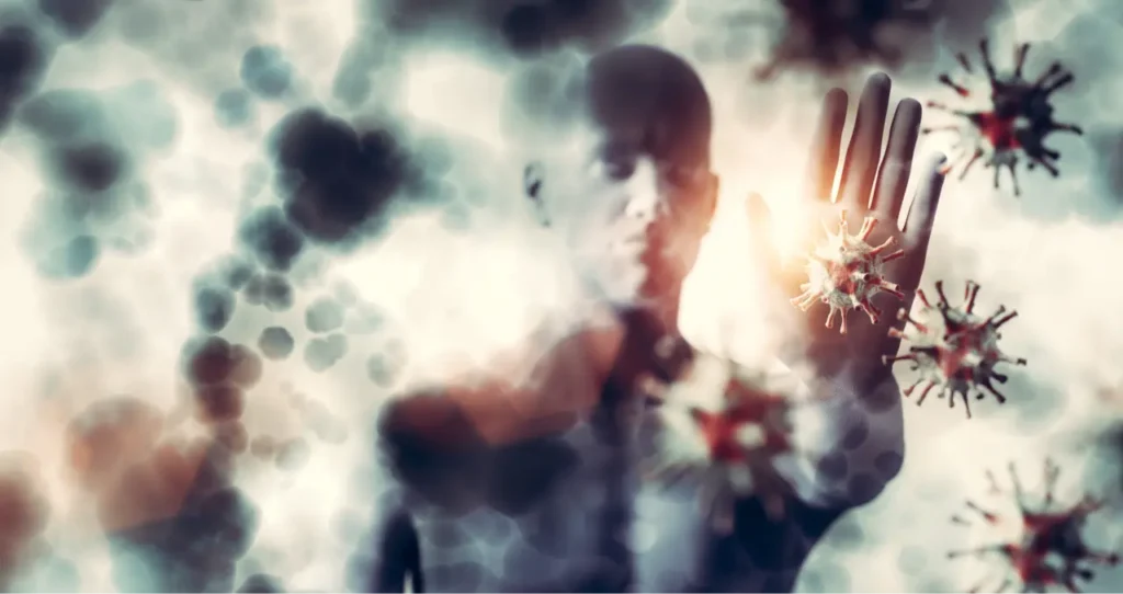 Man and Immune system defends from virus. 3D render