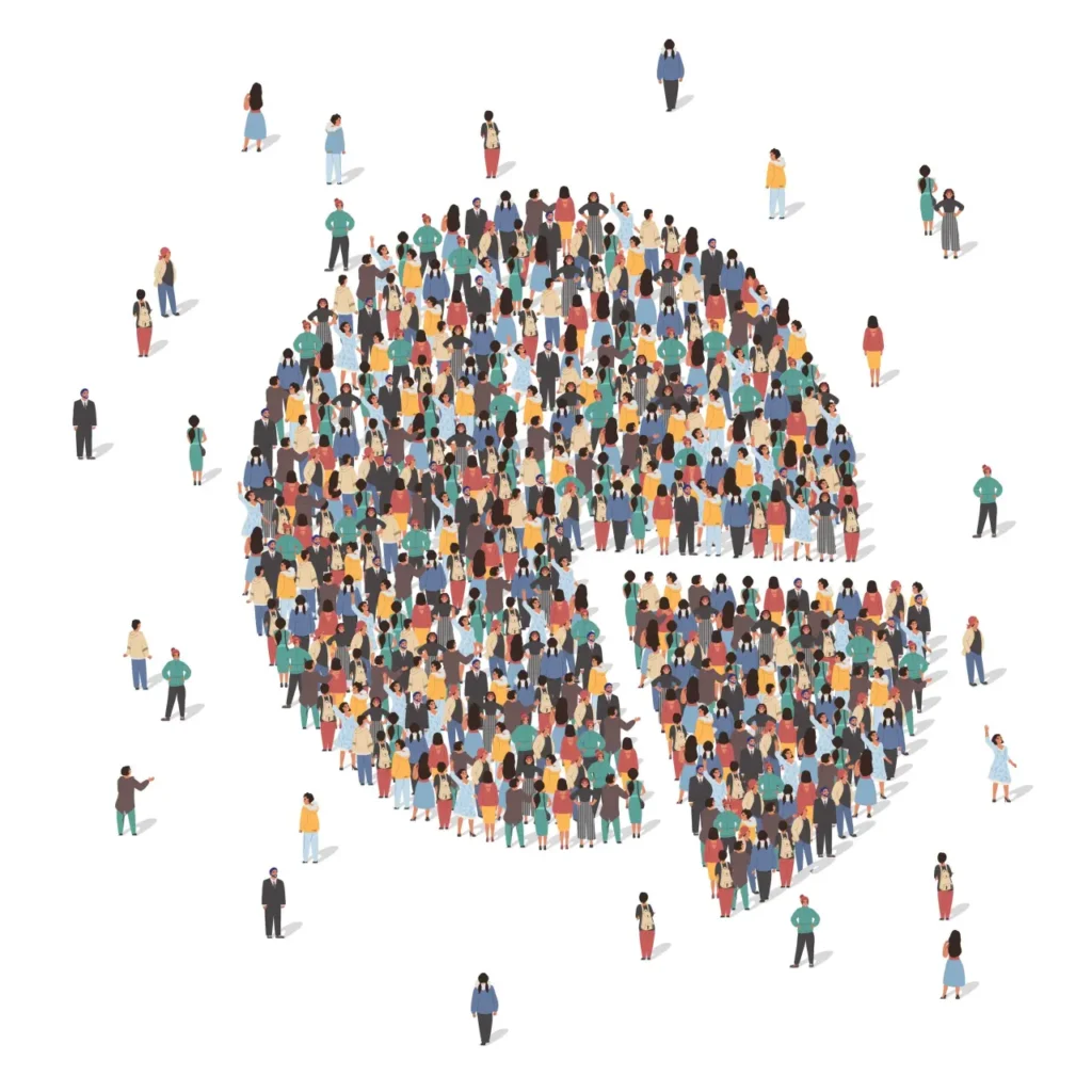 Large group of people forming pie chart standing together, flat vector illustration.